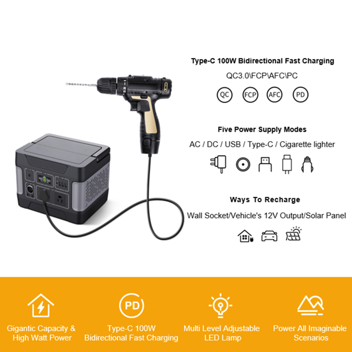 Jenereta ya Dharura ya Uhifadhi wa Nishati ya 400W Kwa Kuchaji